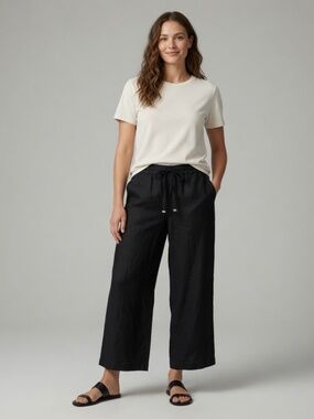 Halston Black 100% Linen Wide Leg Crop Pants / Culottes - Size L